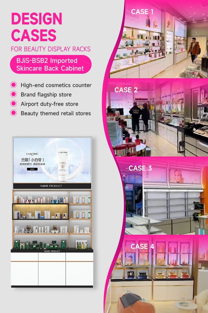 BJiS-BSB2 White Glossy Skincare Display Cabinet with Titanium Trim for Cosmetics Store Design
