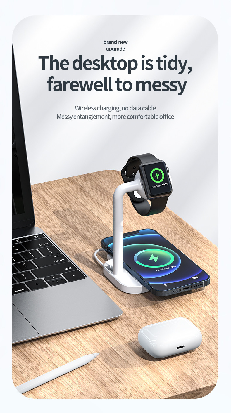 15W Fast Charging Desktop 2 In 1 Wireless Charger for Magnetic Watch Mobile Phone