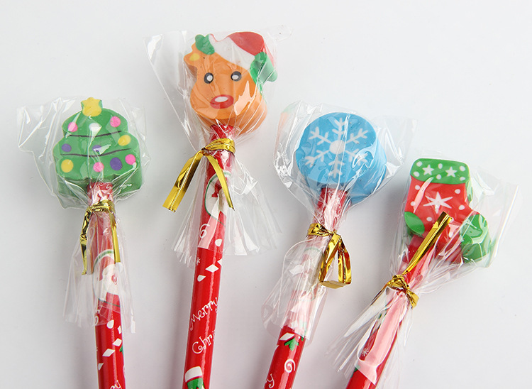 Children School Supplies Christmas Cartoon Eraser Pencil Set with Red Wood Pencils