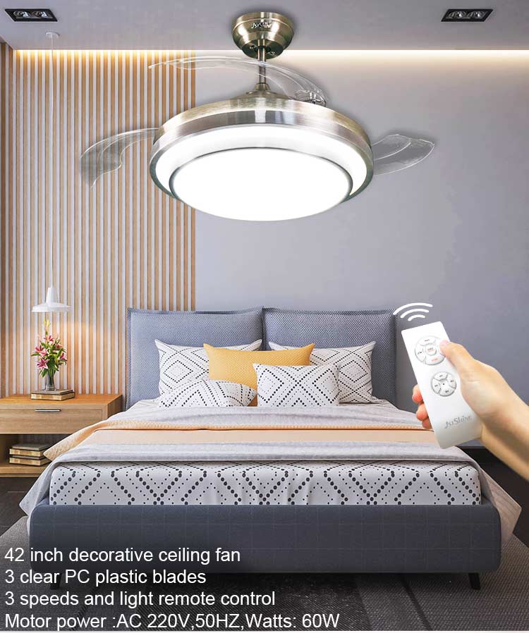 Retractable Blades LED Ceiling Fan with Remote Control and 42 Inch Acrylic Lampshade