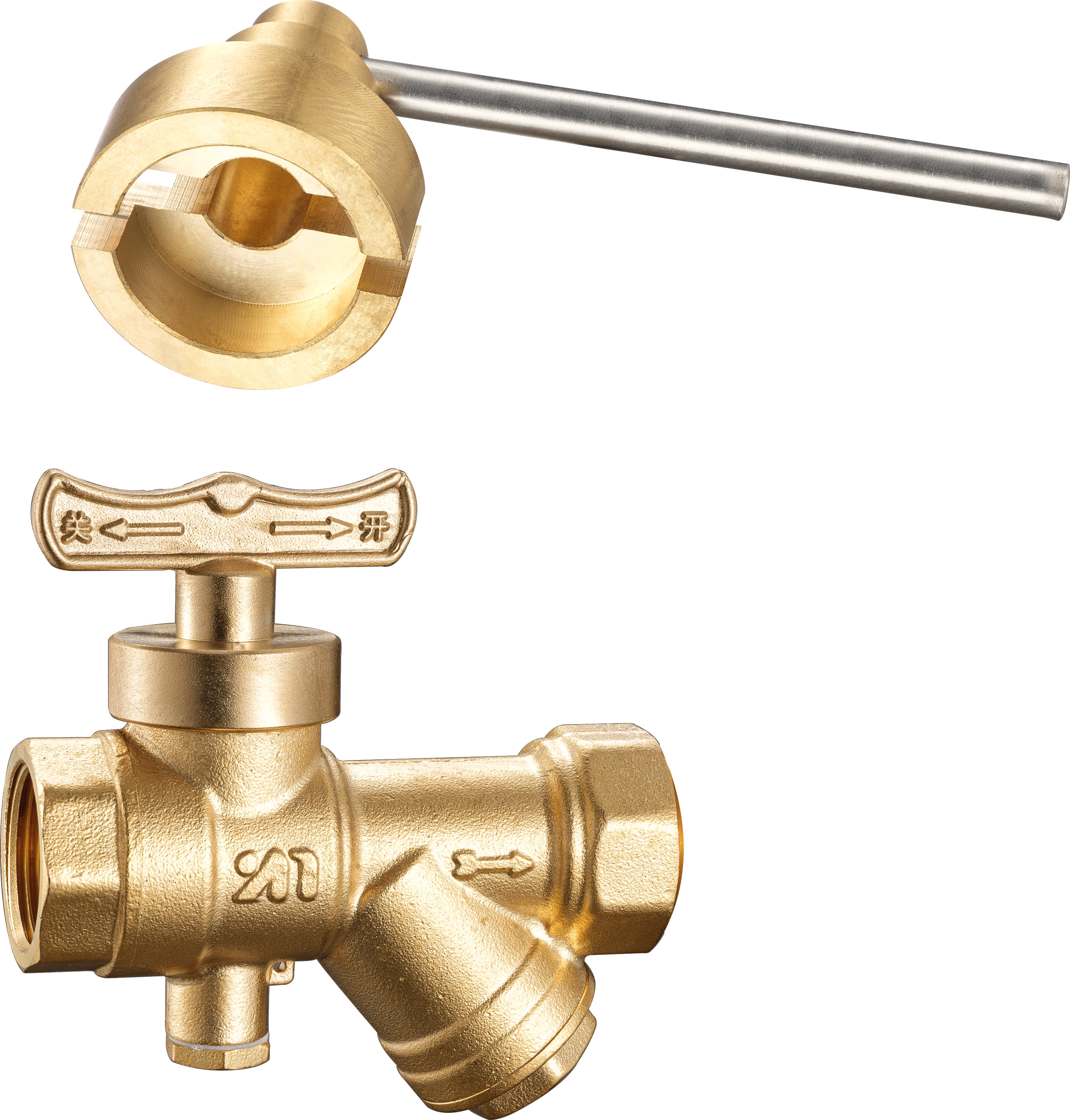 1504 Female x Female Butterfly Handle Magnetic Lockable Brass Ball Valve with Bottom Meter Outlet & Built-in Strainer