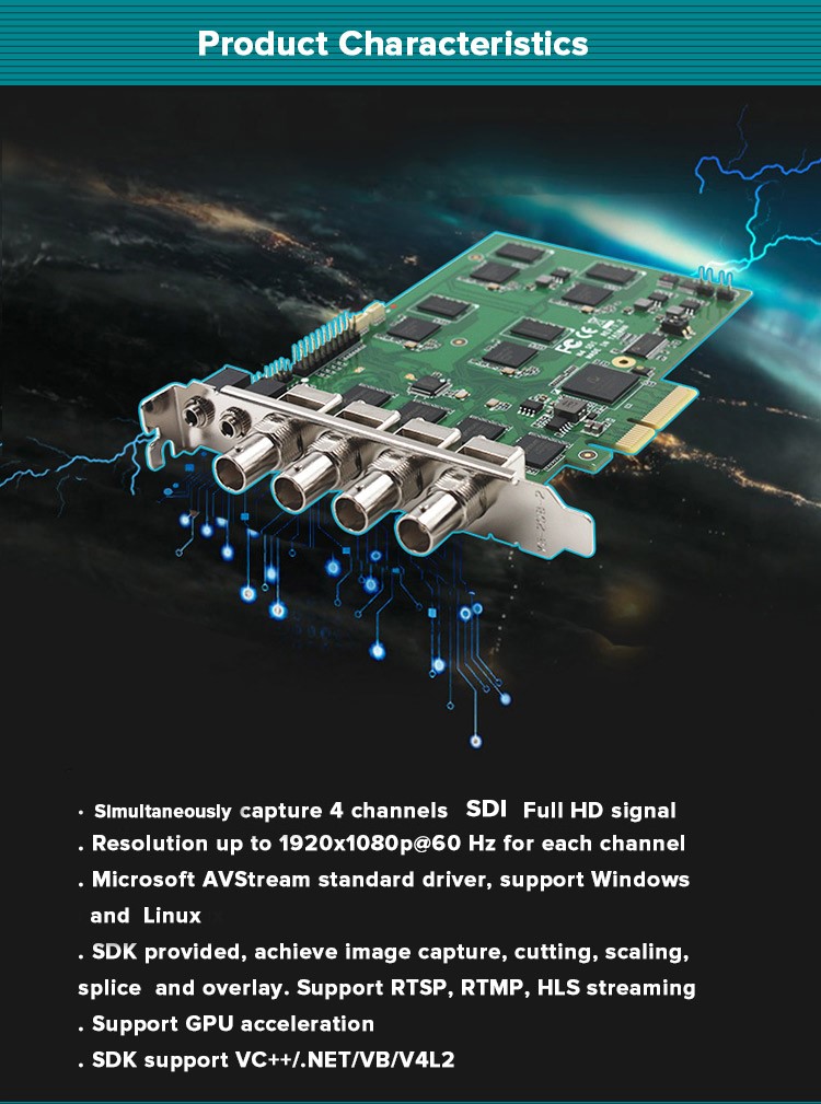 PCIE 1080P60 4-Channel 3G-SDI Video Capture Card H264 SDK Support for Game Streaming
