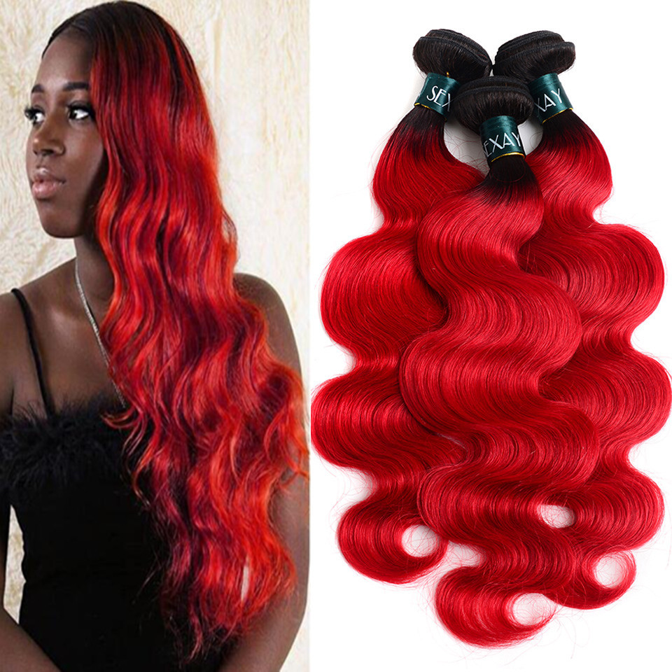Ombre Bundles With Closure Brazilian Body Wave 3 Bundles With Closure Pre-Colored 1B/Red