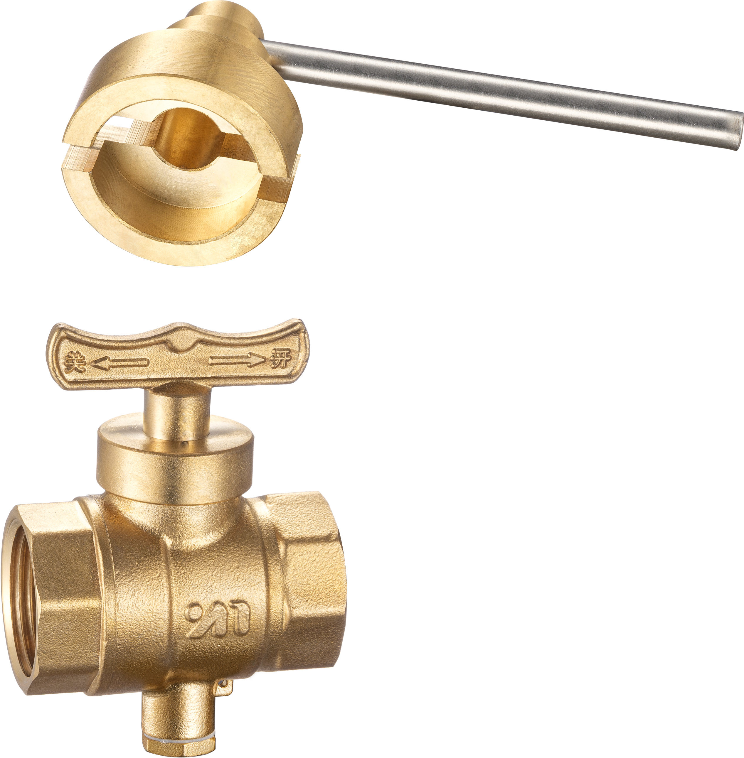 1502 Female x Female Butterfly Handle Magnetic Lockable Brass Ball Valve Sizes DN20 DN25 DN32 with Bottom Meter Outlet