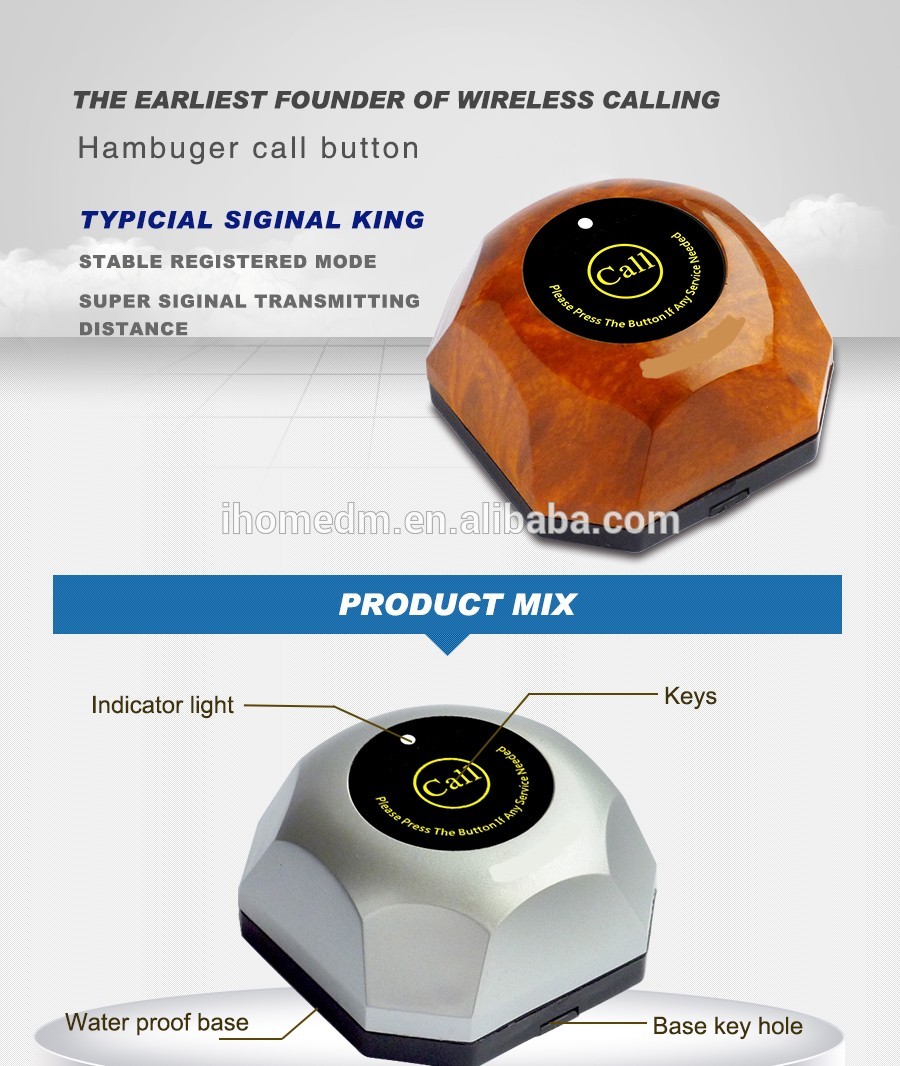 Simple design 1 key waterproof white round fat wireless service caller push button for restaurant and hospital
