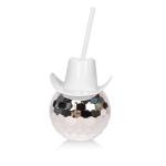 Pink Cowboy Hat Disco Ball Cup With Straw 600ml 20oz Food Grade Plastic