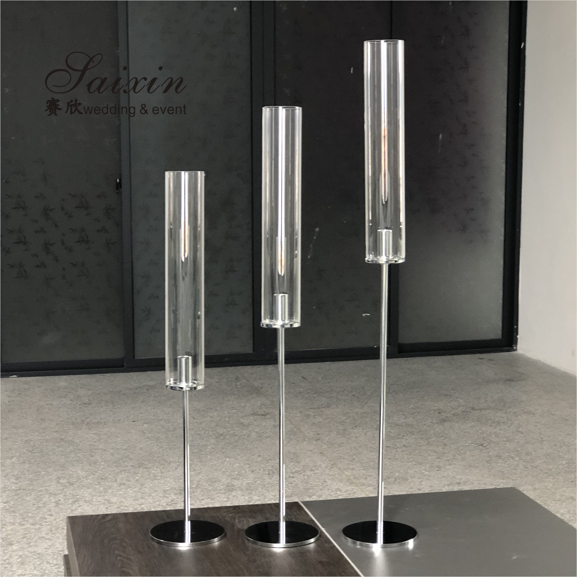 Saixin Wholesale luxury 3 pieces single crystal candle holders for wedding decor