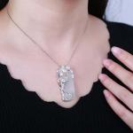 925 Sterling Silver Sculptured Flower Bird Natural Jade Pendant Necklace
