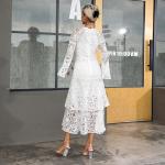 High Neck Ladies Lace Dresses Balloon Long Sleeve Lace Up Dress With Elastic