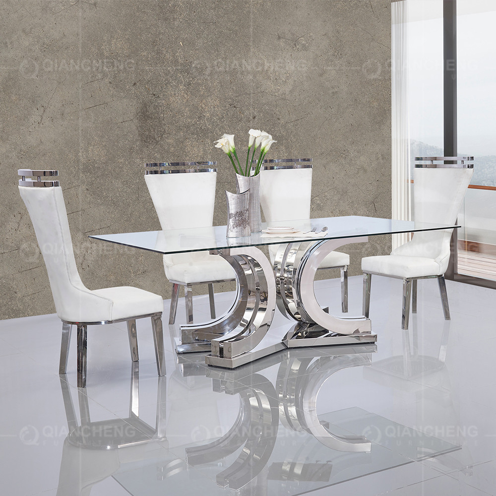 High Gloss 0.45CBM SS Dining Tables Set X Shape Mirror Metal Base