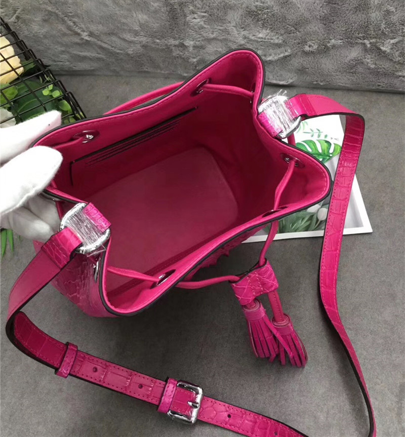Authentic Crocodile Skin Drawstring Closure Women's Bucket Purse Exotic Alligator Leather Lady Small Tassel Shoulder Bag