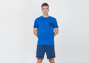 Quality Mens Cotton Jersey Round Neck Tee and Yarn Dyed Striped Short Pants Pyjamas Set Functional Placket Side Pockets wholesale