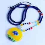 Lapis Lazuli Gemstone Strand Necklace with Enamel 925 Silver Yellow Chalcedony