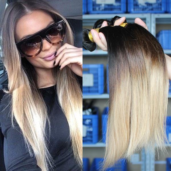 Ombre Brazilian Straight Hair Bundles Three Tone Blonde Ombre Human Hair Weave