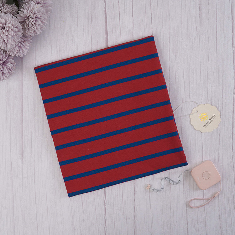 French Terry Blue And Red Stripe Fabric 200cm Width Pure Cotton For Hoodie