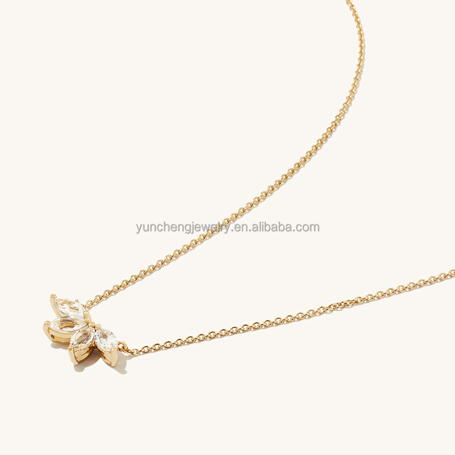 925 Silver 14K Plated Necklace 18" Marquise Topaz Pendant And White CZ Diamonds