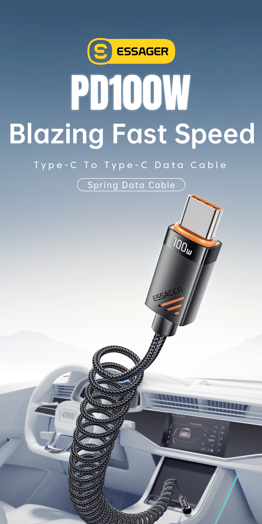 ESSAGER ES-X66 60W 100W Spring Style USB C to USB C Cable USB C PD