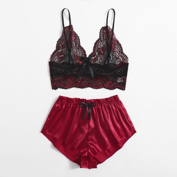 Mature Thin Sleepwear Silk Fabric Lace Bra Underwear Set Sexy Lingerie For Hot