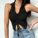 Drawstring Straps Women Crop Top Lapel Sleeveless Three Color