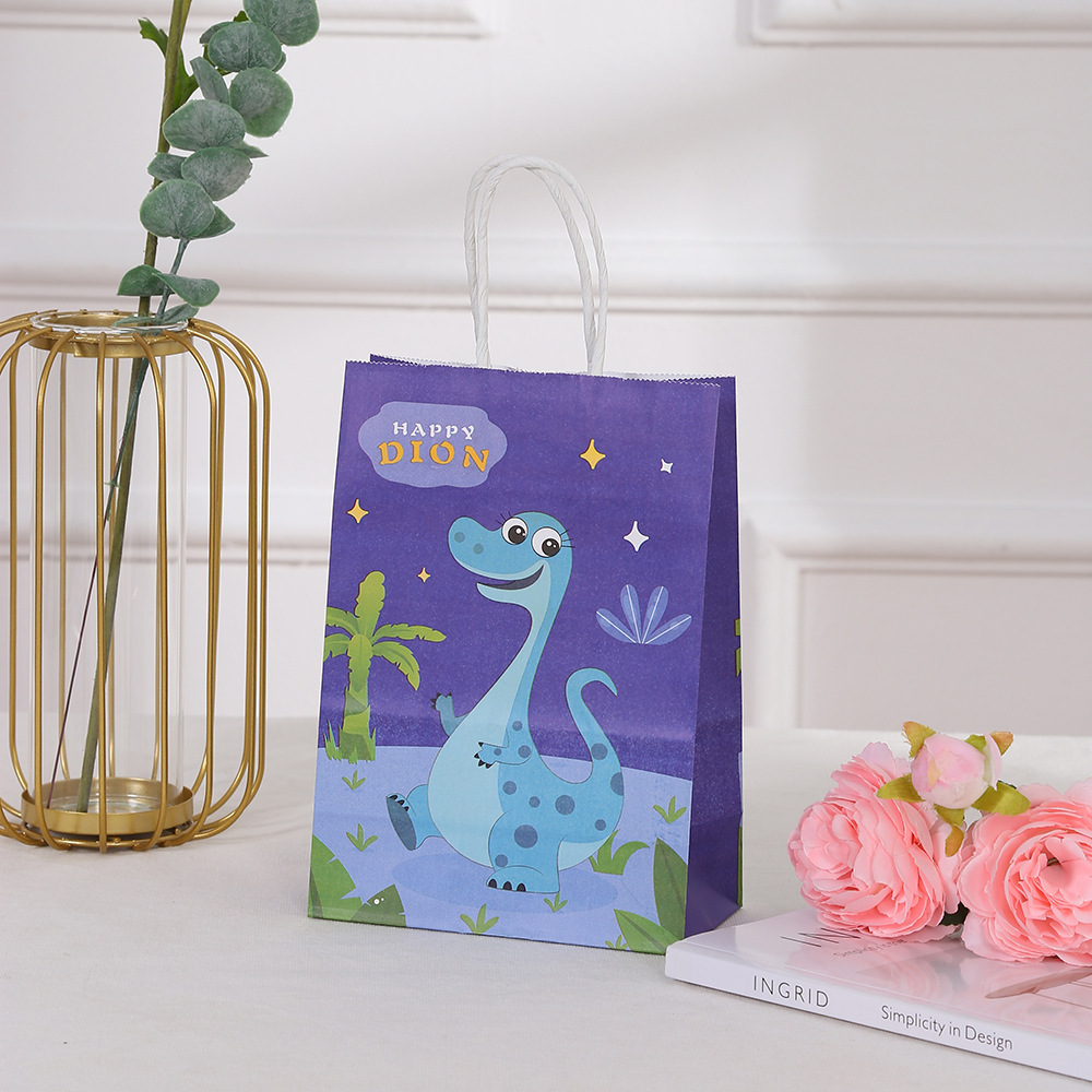 Brown Kraft Paper Dinosaur Hand Printed Cartoon Shopping Bag for Clothing in Shopping Mall