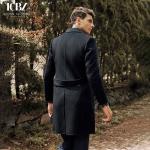 Navy Blue Men's Long Wool Windbreaker Jacket Coat for Business Slim and Handsome
