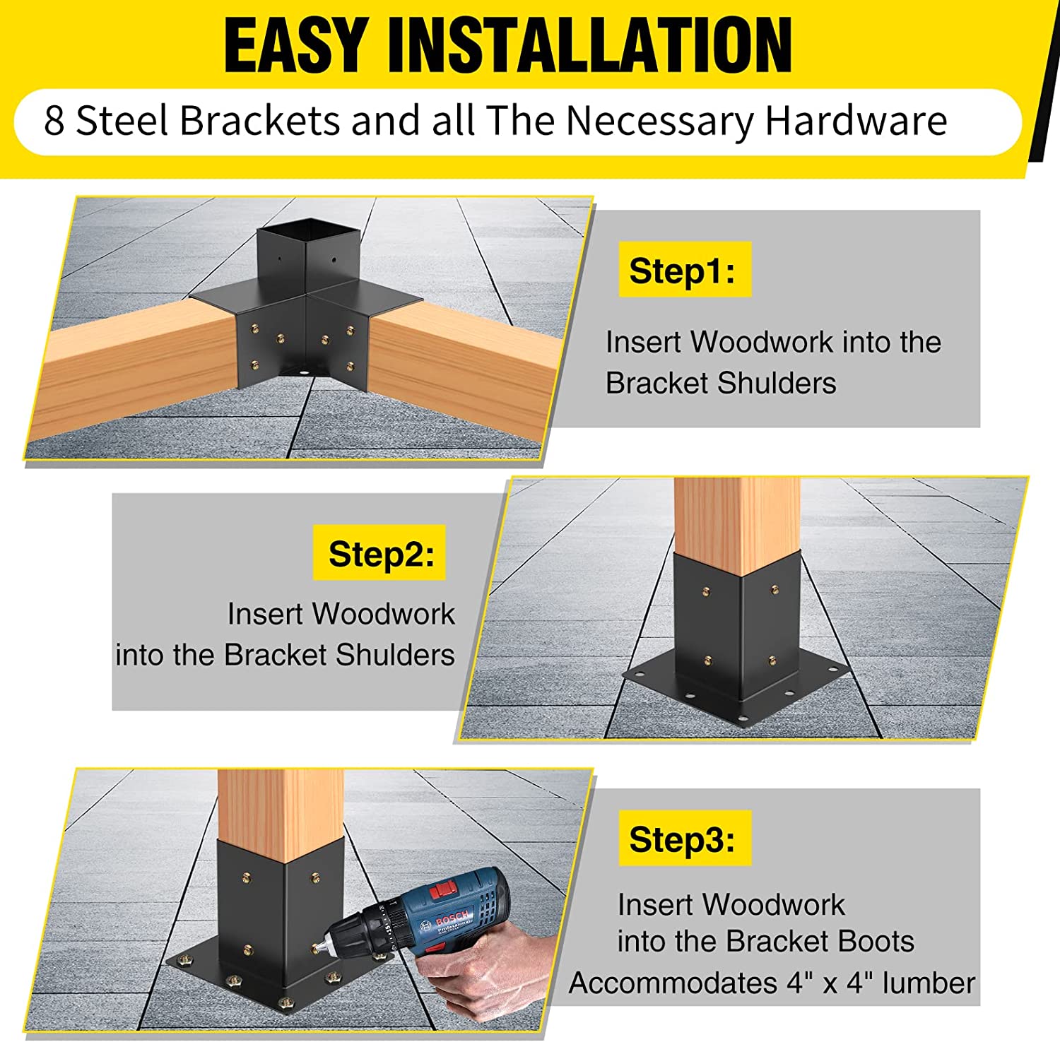 Wood Construction Black Electrophoretic Paint Spraying Metal Hardware Kit Pergola Extension Frame Corner Brackets