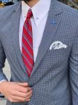 Slim Fit Business Casual Suit Jacket Plaid Blue Cotton Blazer