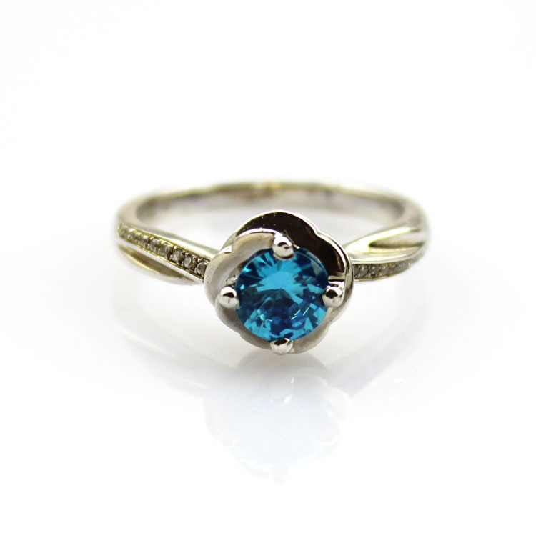 Sterling Silver Engagement Ring with 6mm Blue Topaz Cubic Zirconia(F84)