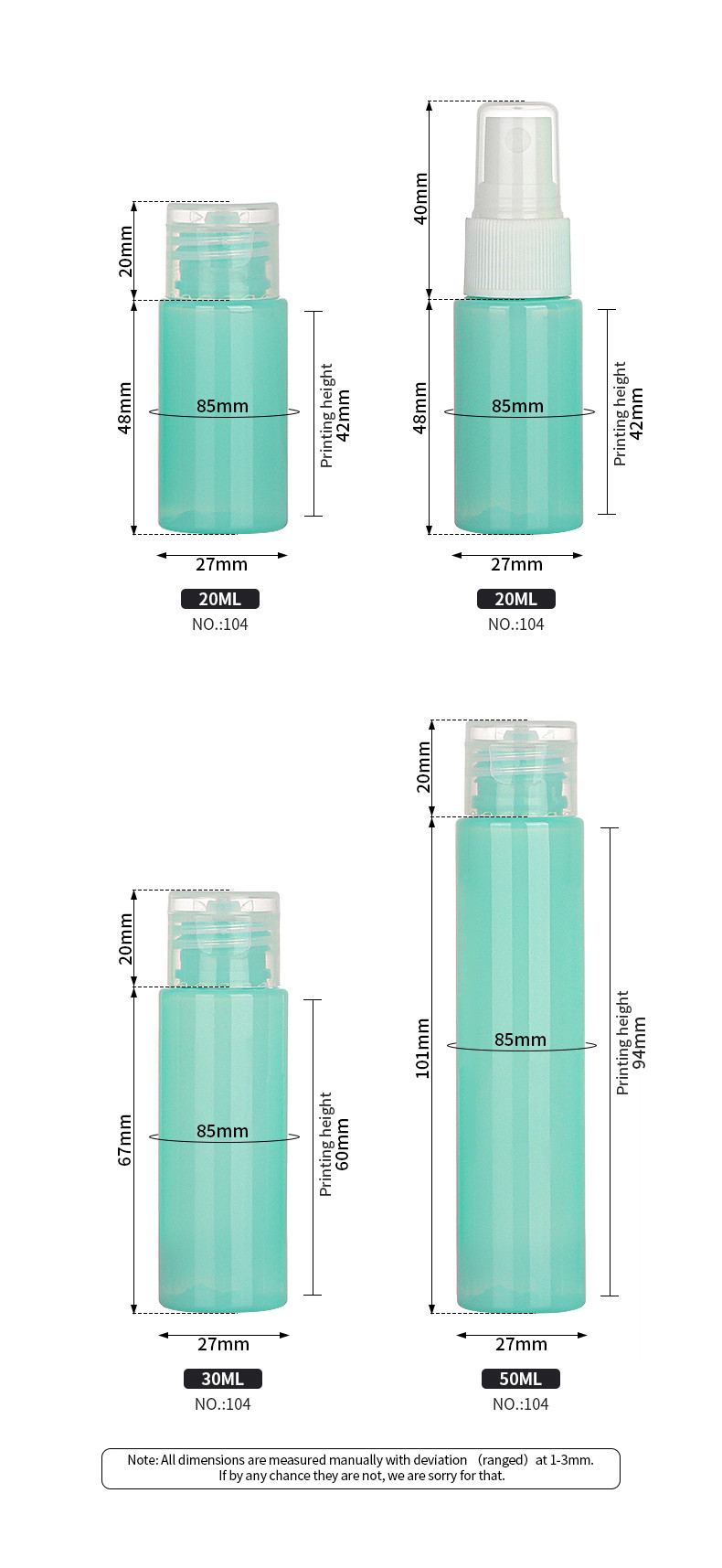 Mist Spray Portable Travel Bottles Set PET Material 50ml Capacity
