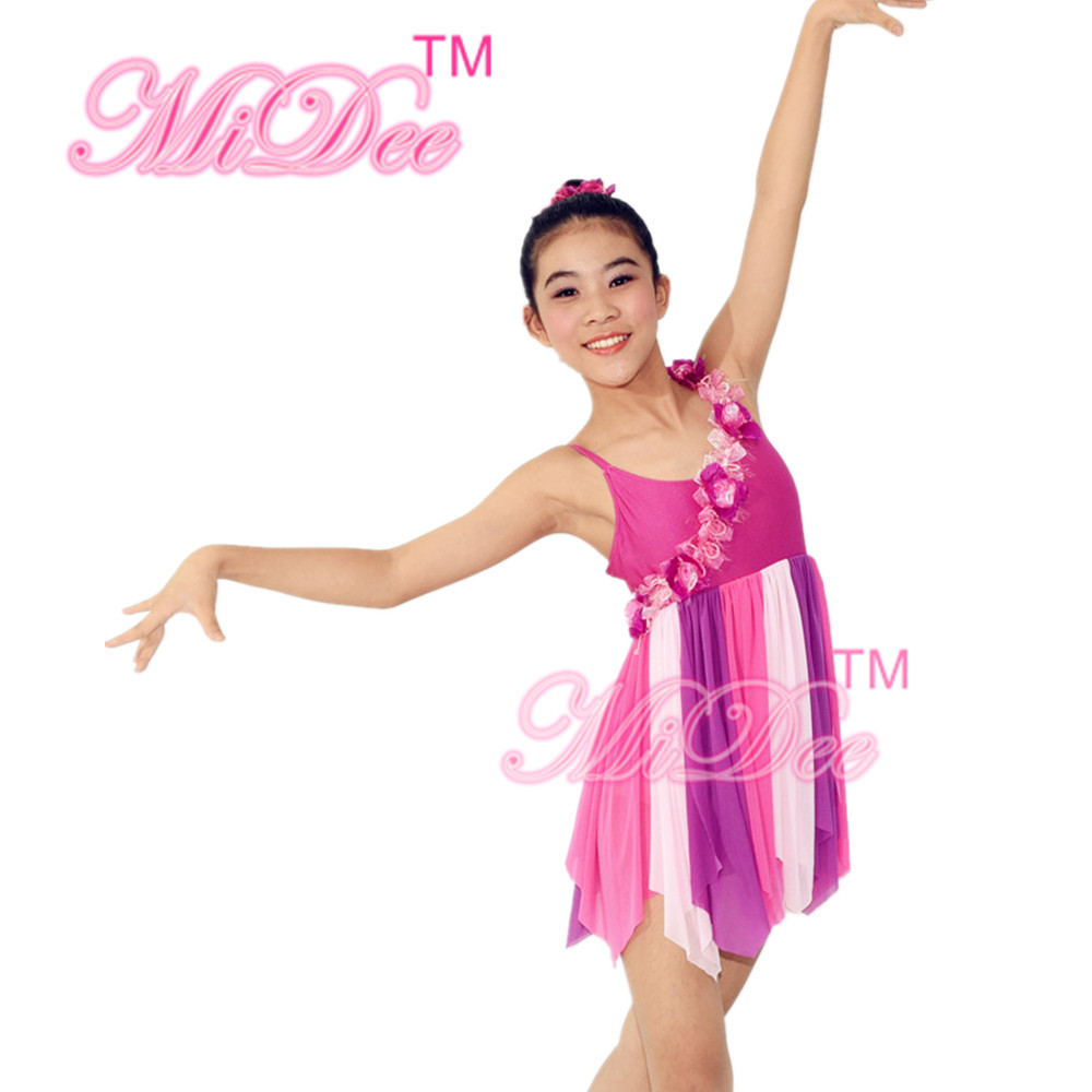 Three Tier Color Modern Dance Costumes / Lyrical Dance Wear Floral Band Across Bodice