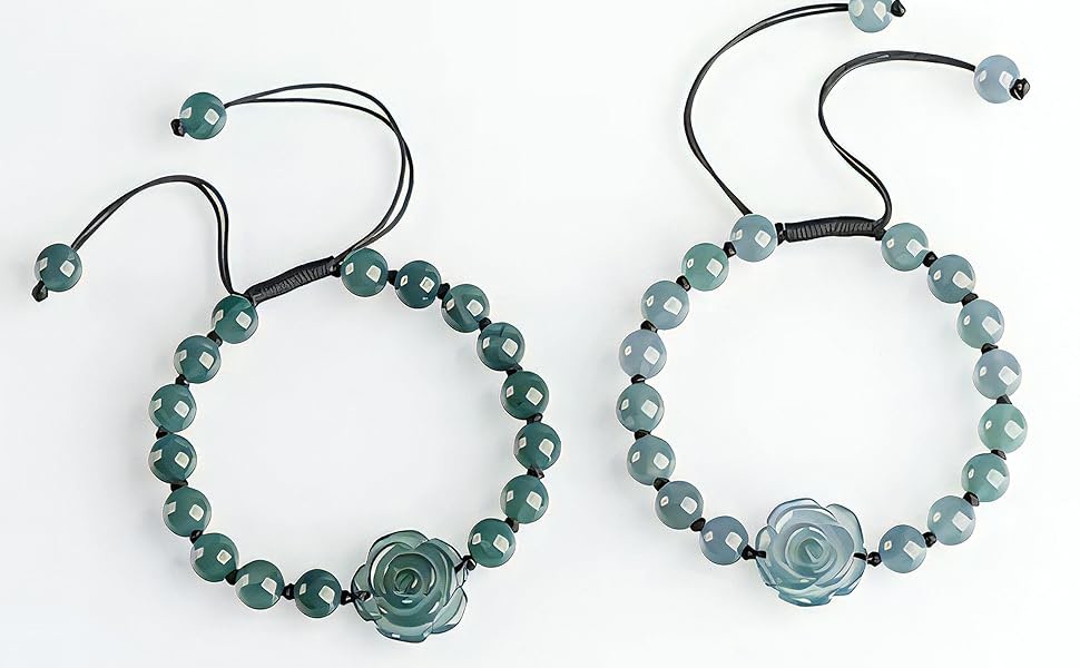 Real Jade Bracelet For Women, Natural Jadeite Handmade Carved Peach Blossom Stretch Beaded Beads Jade Bangle Jewelry, Stress Relief Feng Shui