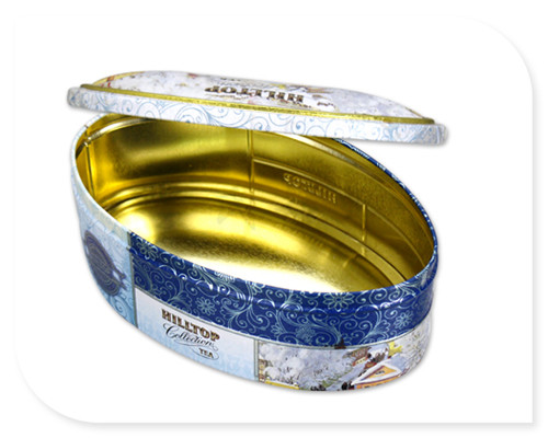 Oval Tea Tin Canister With Inner Golden Color Metal Box Custom Print Accepted