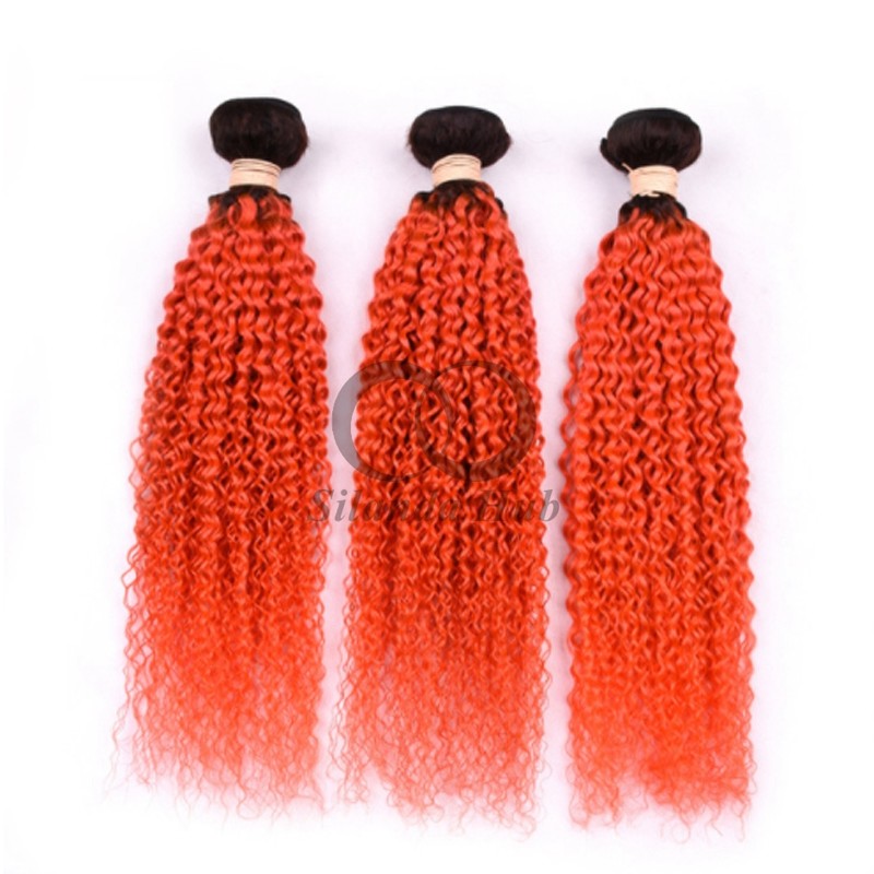 #T1B/Orange Red Kinky Curly Remy Human Hair Bundles Sew In Weave Bundles Brazilian Bundle Deals