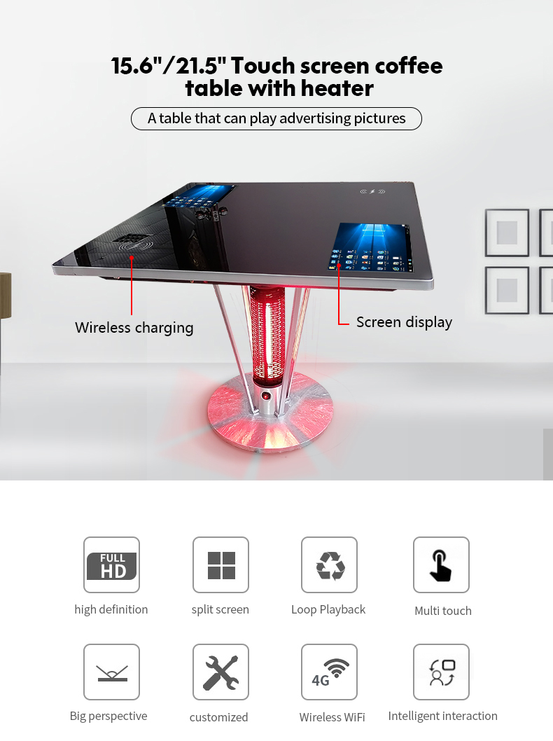 FCC Smart 15.6" 21.5" Touch Screen Coffee Table With Wireless Charging