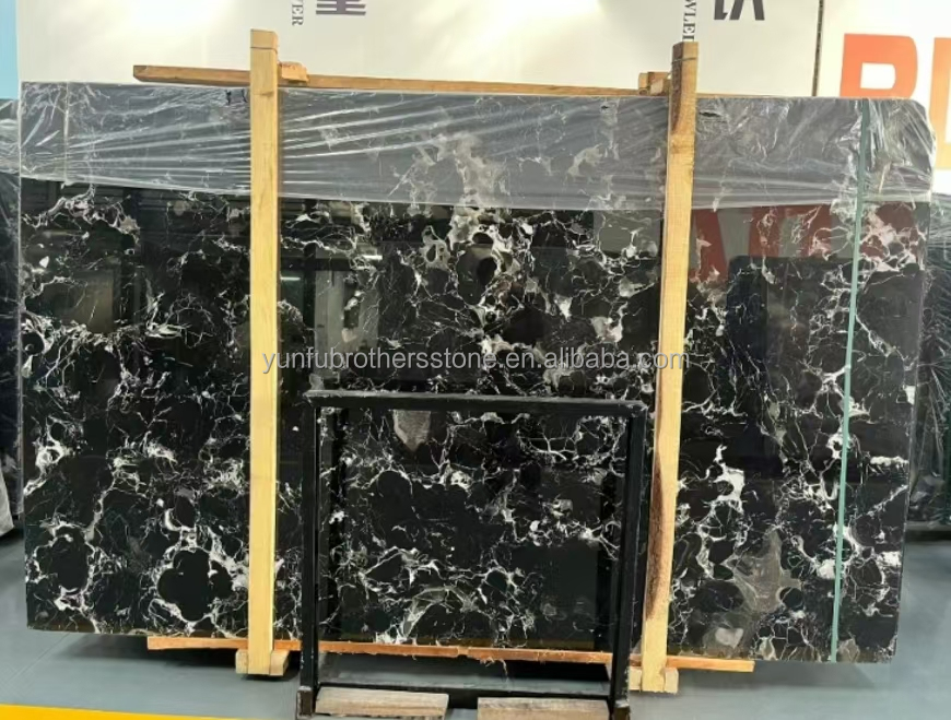Modern Polished Black Rose Marble Big Slab Dining Table Set for Villa and Hotel Design