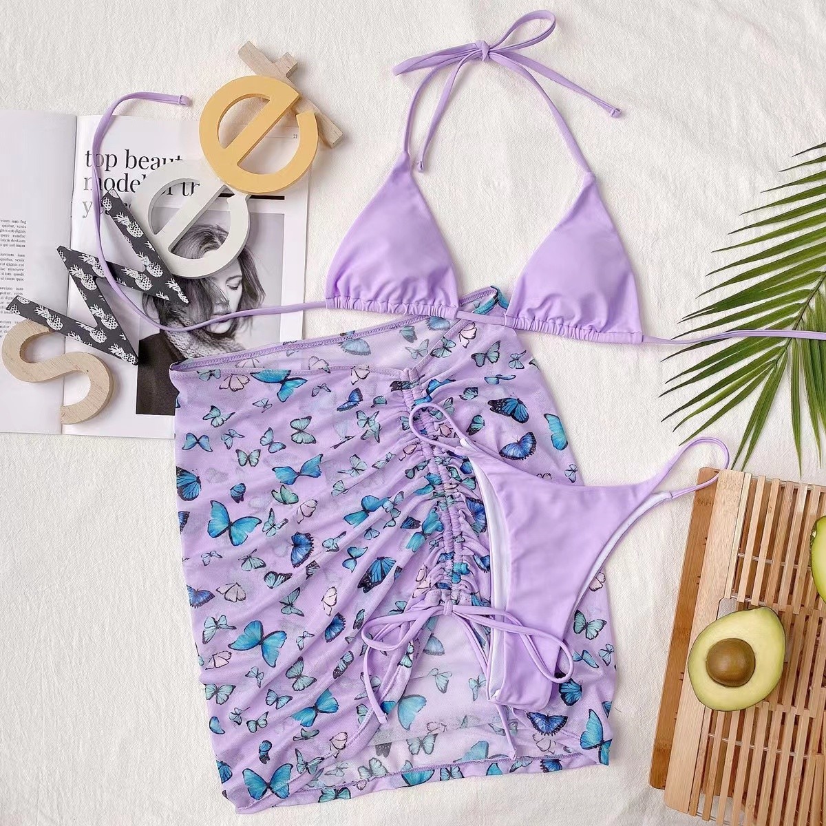 Women's 3-piece Swimsuit with Striped Printed Pleated Skirt