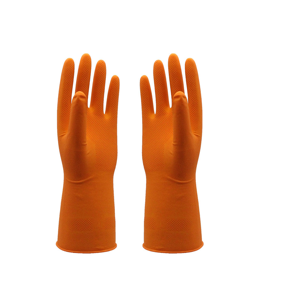 orange Tear Resistant flocklined Rubber Gloves , rubber Dishwashing Gloves