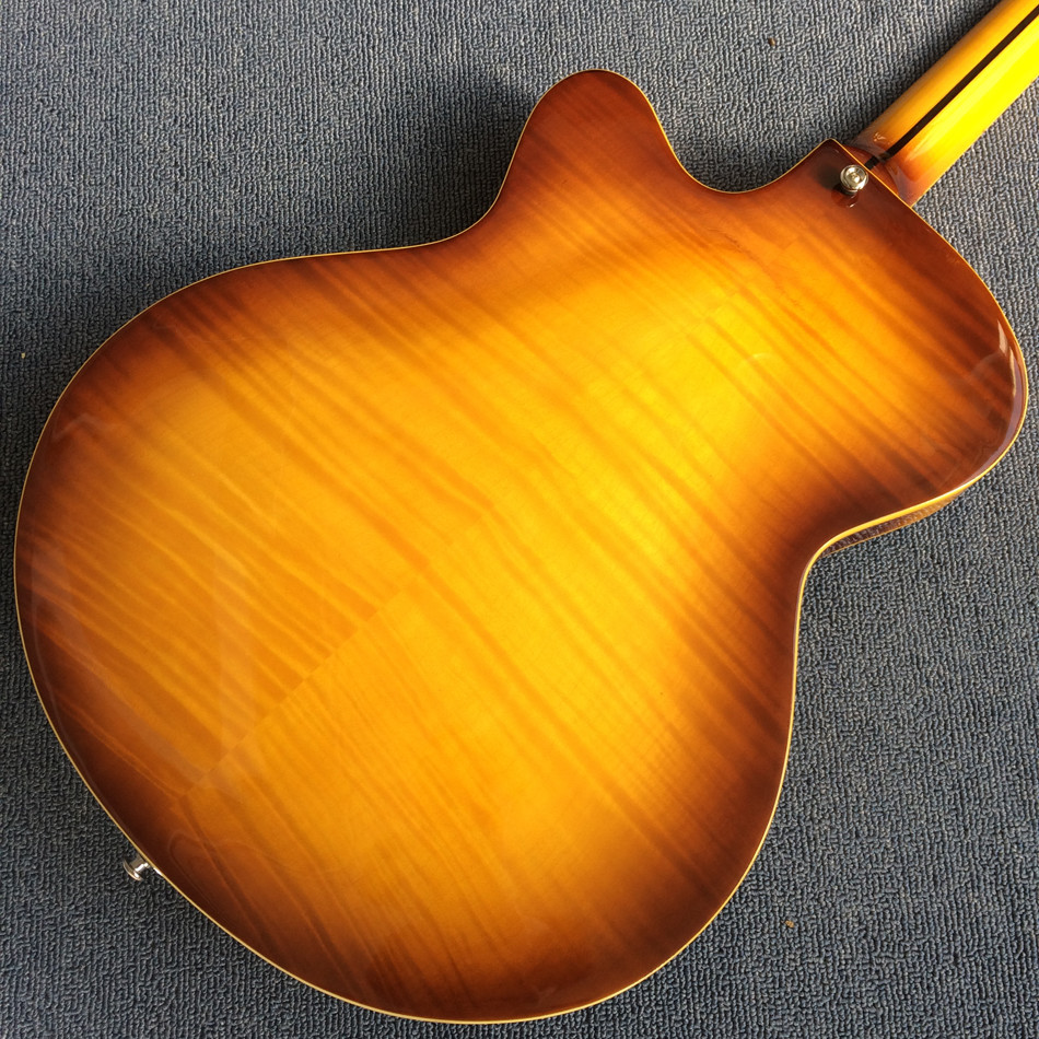 Hollow body jazz electric guitar, Chocolate color electric guitar with Tremolo system,Ebony Fingerboard
