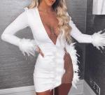 V Neck Women Casual Dresses Mesh - Paneled Feather - Embellished Slim - Fit