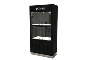 Quality Timber veneered MDF Cabinet featuring LED lighting and swinging glass door open from front wholesale