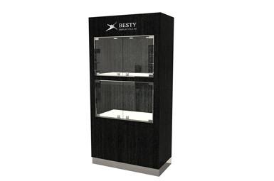 Timber veneered MDF Cabinet featuring LED lighting and swinging glass door open