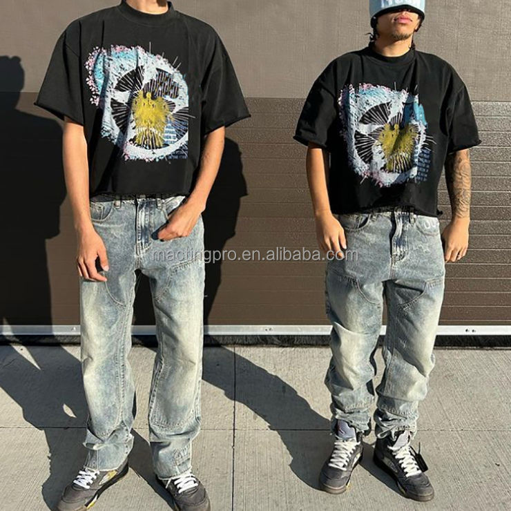 280g Fabric Weight Custom Logo DTG Print Men's Box T-Shirt with Vintage Acid Washed Design