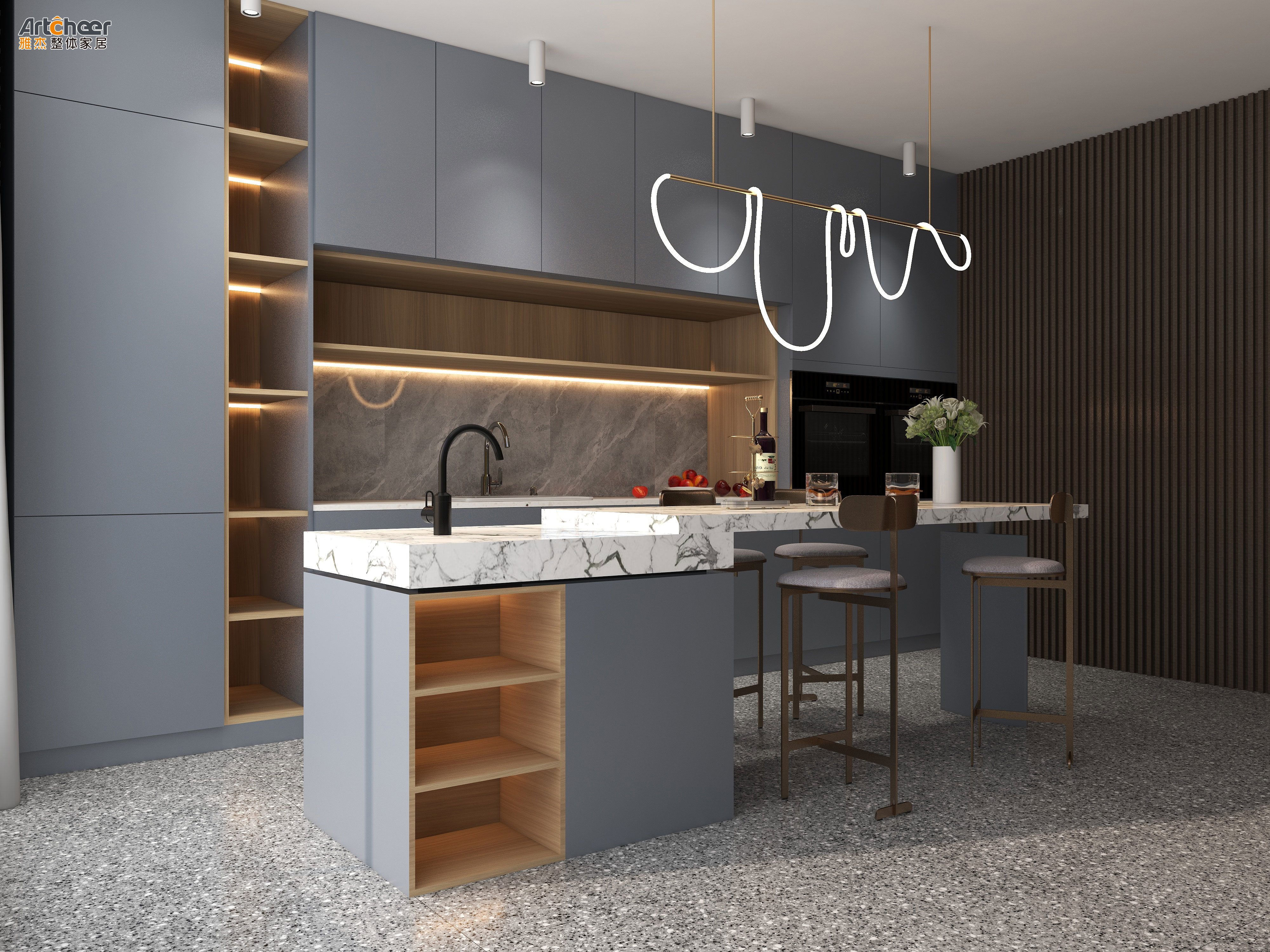 Durable I Shape Modern Kitchen Design with Pure Acrylic Countertop and Lazy Susan Storage