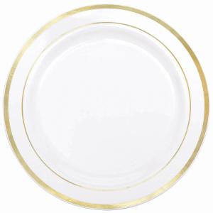 6 fancy round gold plastic plates with  plastic silverware 6 ivory/ gold band round rimini plastic dessert plate