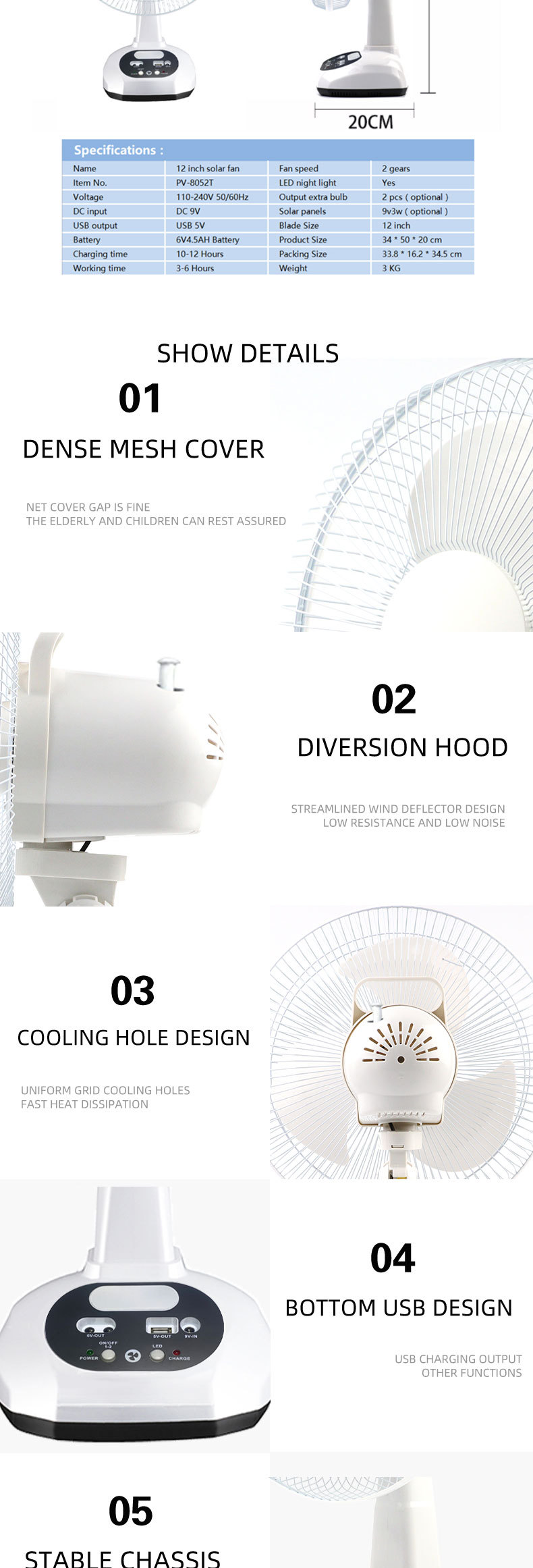 Table Fans Rechargeable Power with Solar Panel Energy Solar Electric Fan Lanterns Camping Led Light Solar Fan