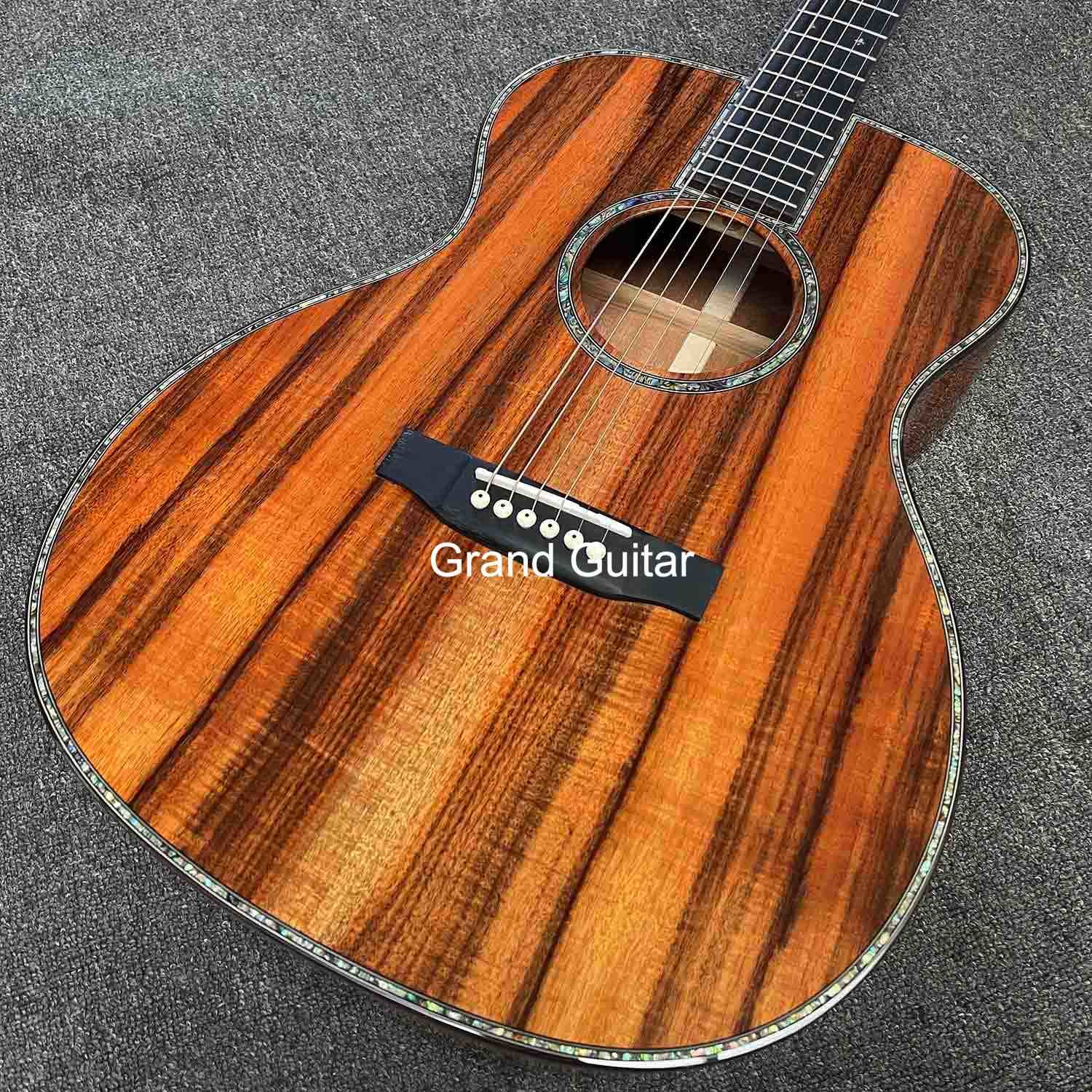 Grand OM Guitar Solid KOA Back Side Acoustic Guitar, Customized Logo on Headstock