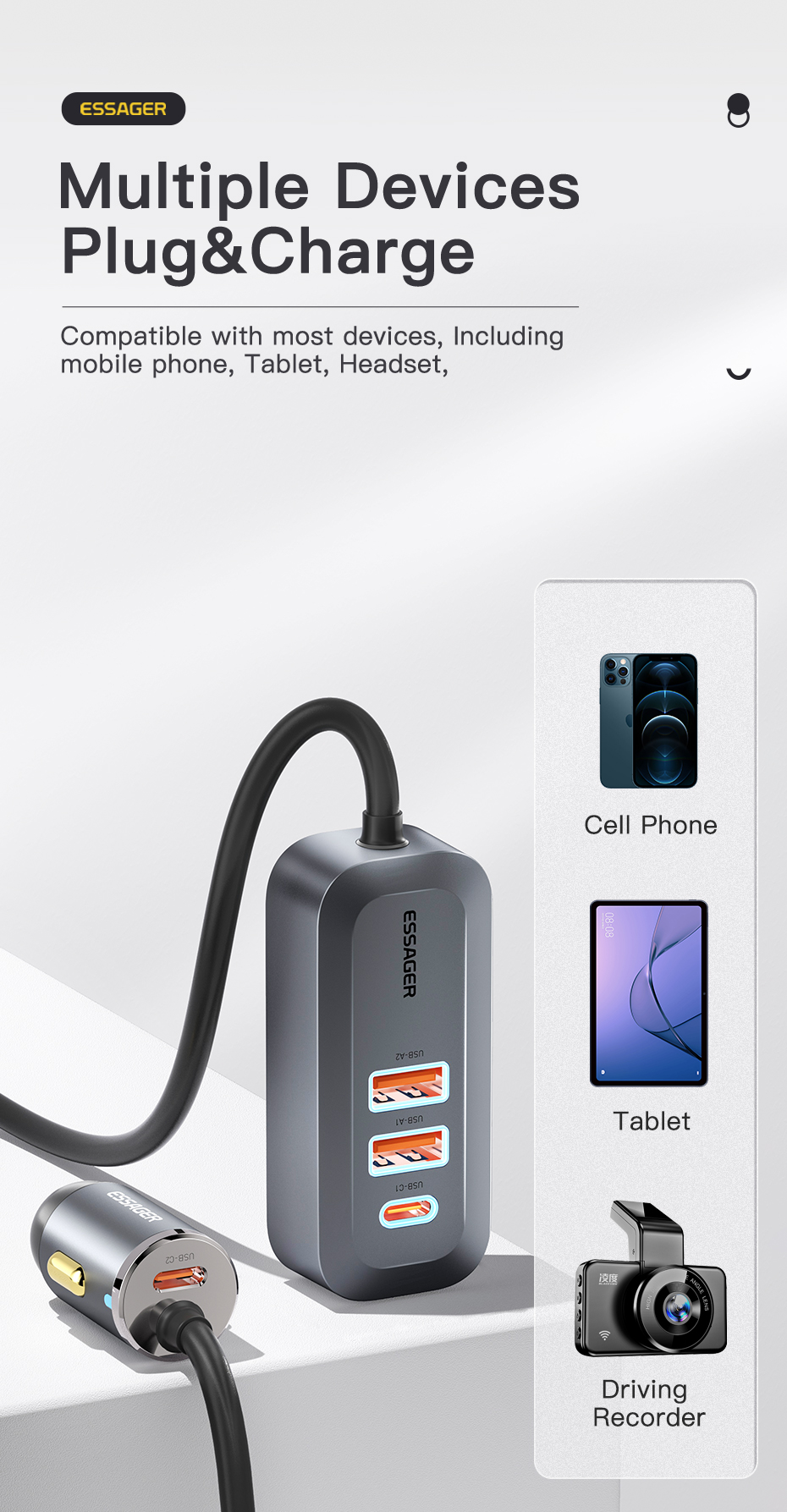 Essager 2022 Doution Car Charger 1.5m Extension Cable 2C2A 100W Car Charger For Huawei Xiaomi Mobile Phone