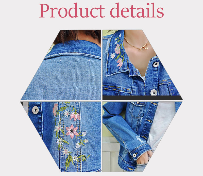 Fancy Embroidery Jeans Coat For Women , Stretch Ladies Blue Denim Jacket
