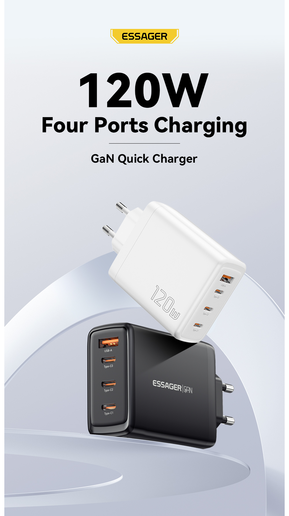 Essagar GaN Chargers 120W USB Type-C 3 Type C And 1 USB A Fast Cell Phone Wall Charger