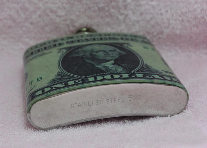 Classic 5oz Hip Flask Leather , Spray Painted Dollar Liquor Pocket Container